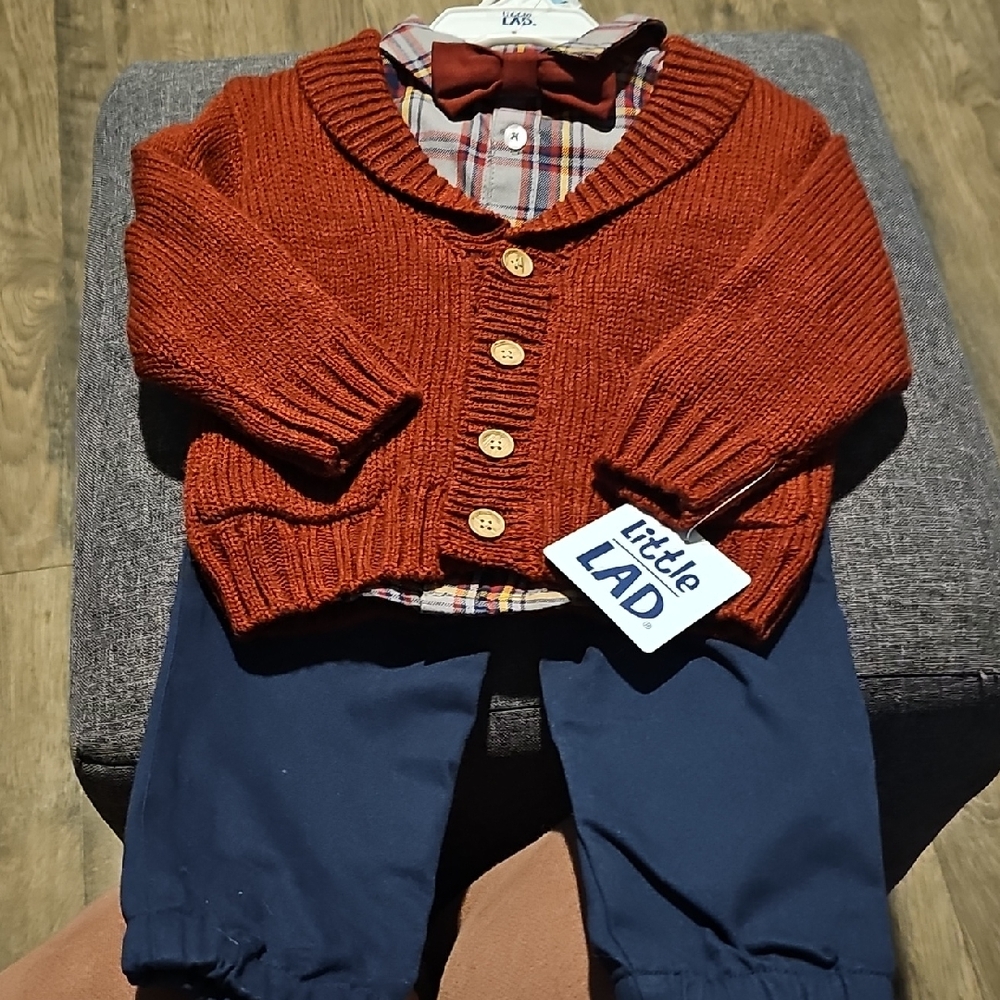 NWT Little Lad Cardigan Set Tie Rust Color Plaid Blue Pants 12 Months Toddler